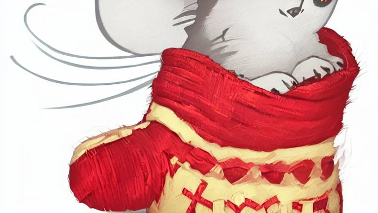 fantasy cartoon style illustration: red mitten with a little cute mouse peeking out