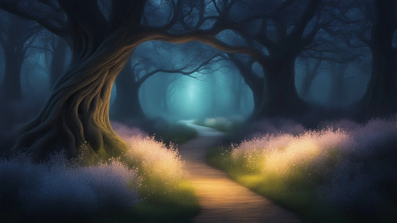 десь пейзаж был иным: деревья скрючивались в немых криках, а бледные цветы испускали мягкое, фосфоресцирующее сияние, освещая тропу в сгущающихся сумерках.