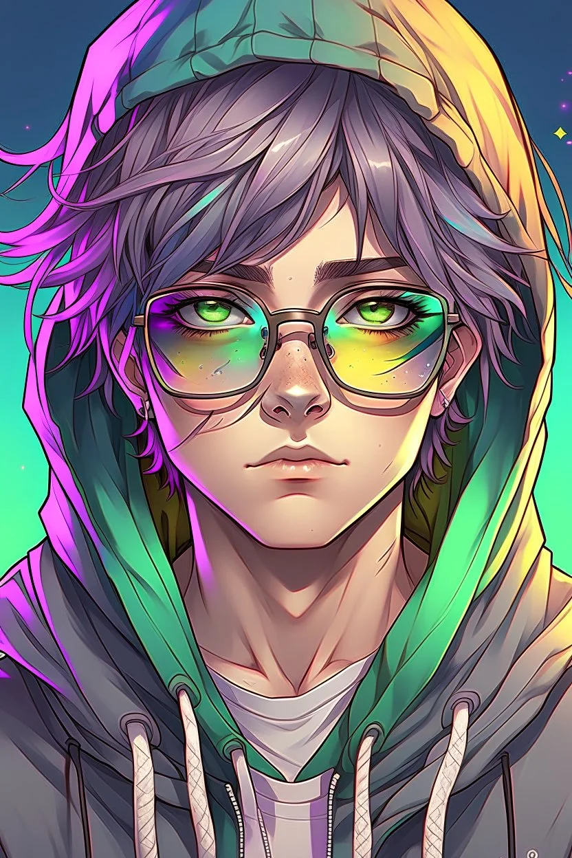 Anime man with glasses, messy rainbow hair, wearing a hooded sweatshirt, realistic