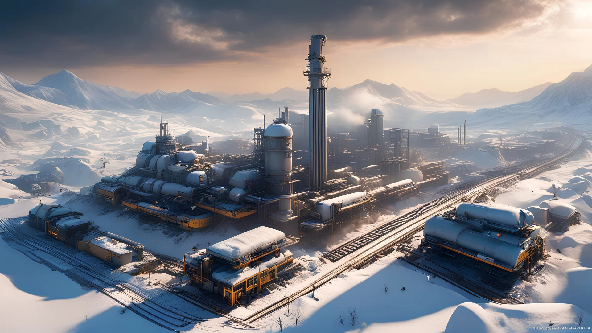 winter, 5D, 8k FHD+, scifi, futuristic, utopian, highly detailed, octane render, golden ratio, trending on cgsociety, intricate, isometric, digital art, smog, pollution, toxic waste, chimneys and railroads, 3d render, octane render, volumetrics, by greg rutkowski