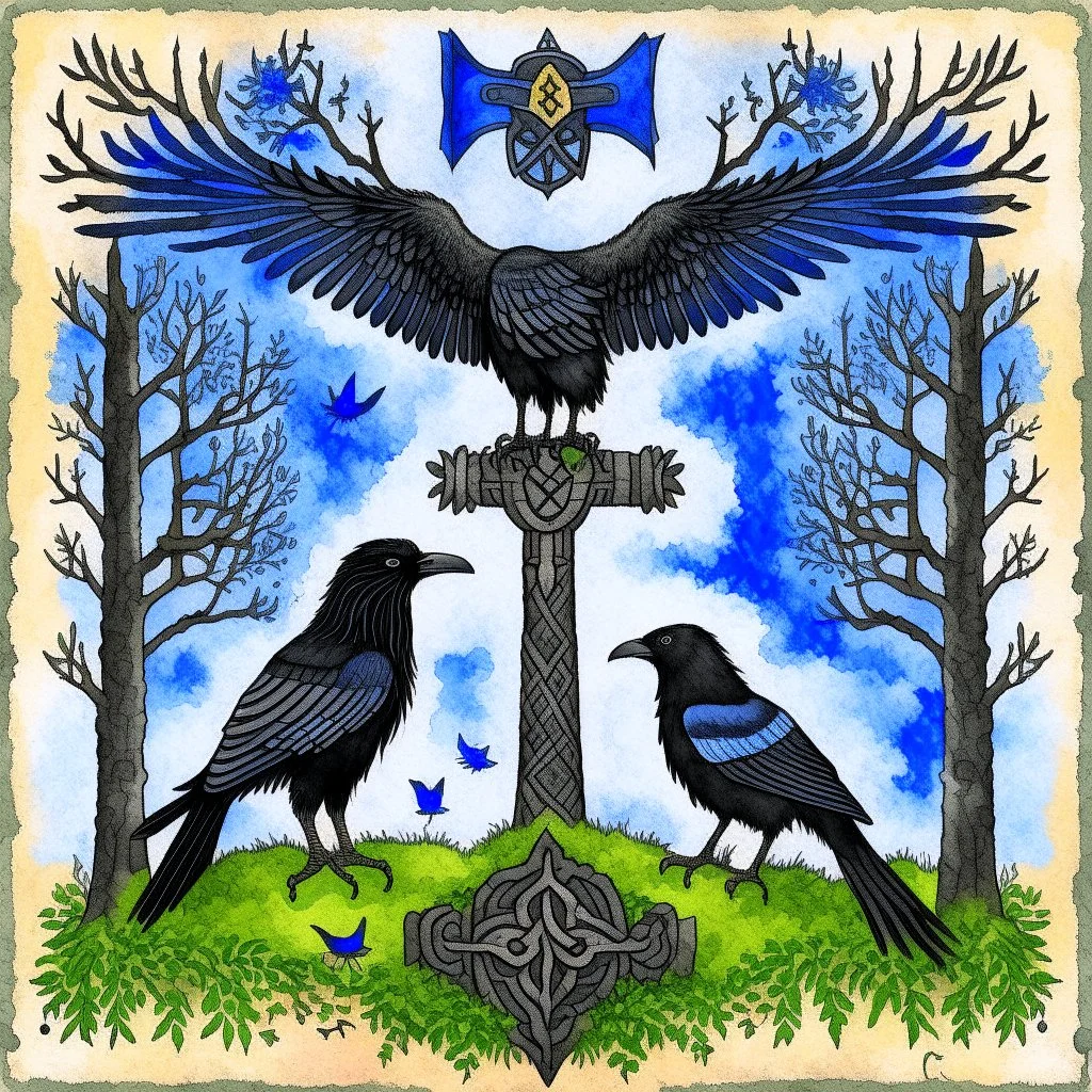 European pagan art with nature and runes and ravens and swedish flag