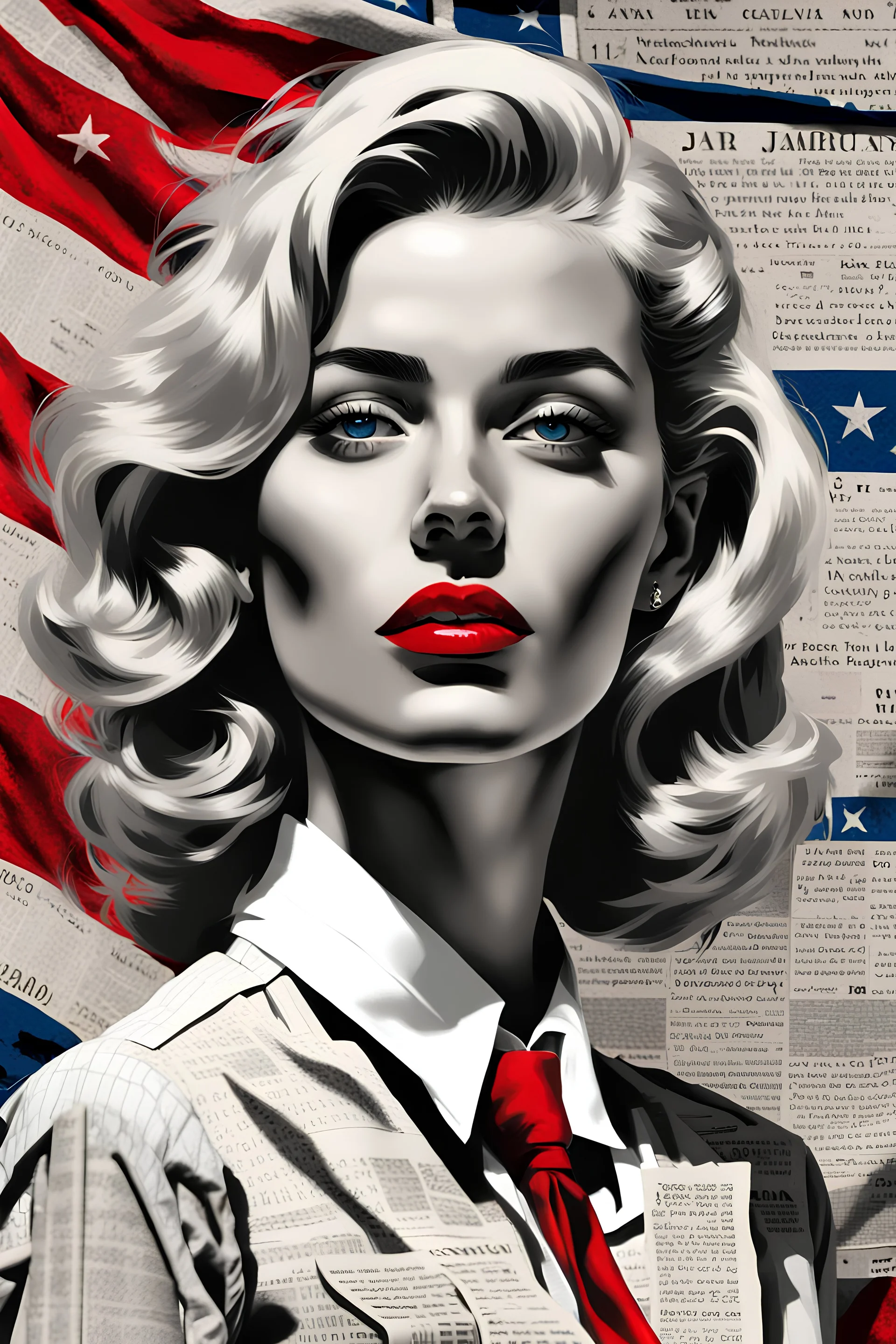 Fresco mixed with realism and pop art with pops of blue white and red, close - up of a gorgeous blond woman in collared oxford dress with red lipstick is on the top of an old newspaper and American flag, in the style of black and white intimacy, mike deodato, jan frans van bloemen, slender body, gentle lyricism, lush and detailed, tenebrism - inspired, emotional distortion, anton fadeev, lauren faust, close up, léon bakst, --ar 1:2 --stylize 625