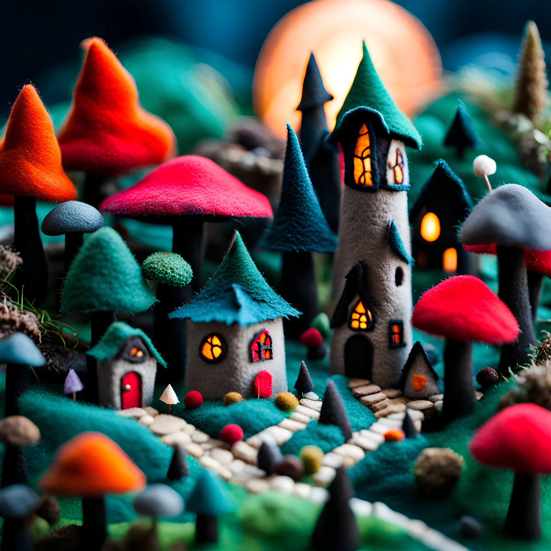 Close-up photograph of detailed creepy village made of felt, crystallizations, figure, animals, fungi, crystals, mineral concretions, sun, Amano, Roger Dean, strong texture, intricate, colours, Max Ernst, rich moody colors, bokeh, Tim Burton, Harry Potter, 33mm photography