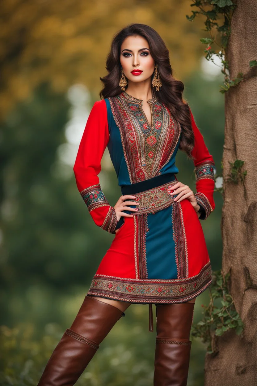 full body ,very beautiful lady in Azerbaijani short costume standing with long boots