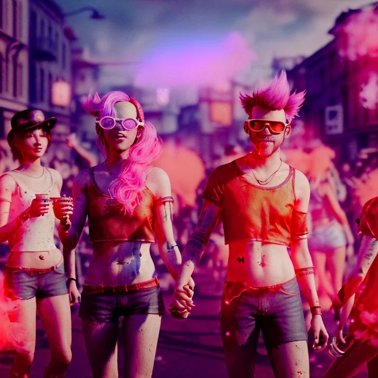 Ultra Realistic photo, medium shot view, drunken women, carnival scene, sexy steampunk. Pink hair, confeti, Sunglasses, smoking, happy, hot, red fog. highly detailed, concept art, unreal engine 5, ray tracing, RTX, lumen lighting, ultra detail, volumetric lighting, 3d, finely drawn, high definition, high resolution.