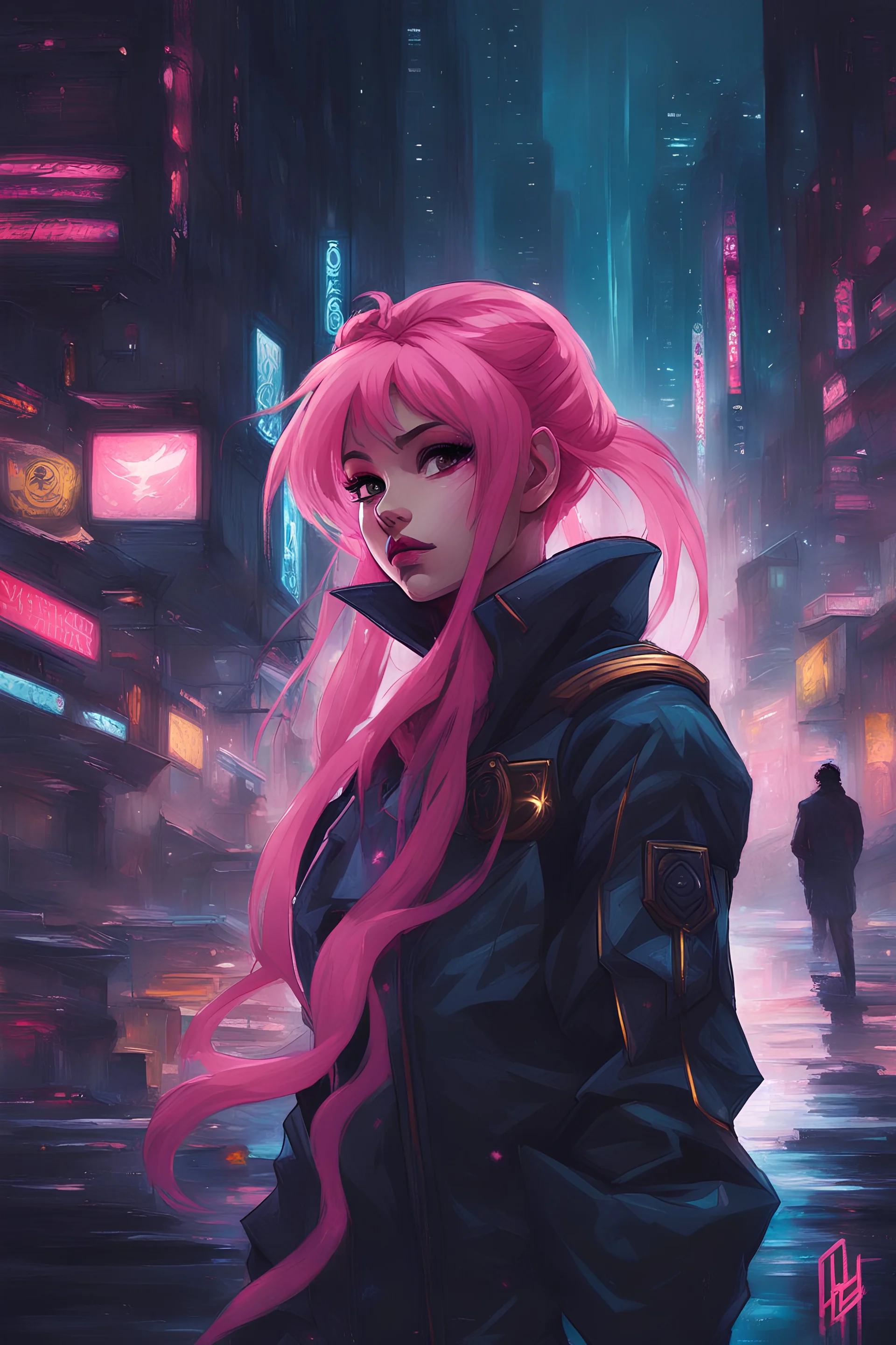 sailor moon with pink hair in a cyberpunk city, stunning anime art by artgerm, Oil on canvas in the style of JBC Corot, Yoshikata Amano, Andy Kehoe, Ismail Inceoglu, Russ Mills, Victo Ngai, Bella Kotak, noir, by charlie bowater and dan mumford and trevor Brown, heavy shadows, dark tones, city background, noir, gloomy, dark, neo-noir cyberpunk city, intricate, elegant, highly detailed, devil-armor, 2D motifs detailed dark fantasy digital painting, artstation, concept art, smooth, sharp focus, ill