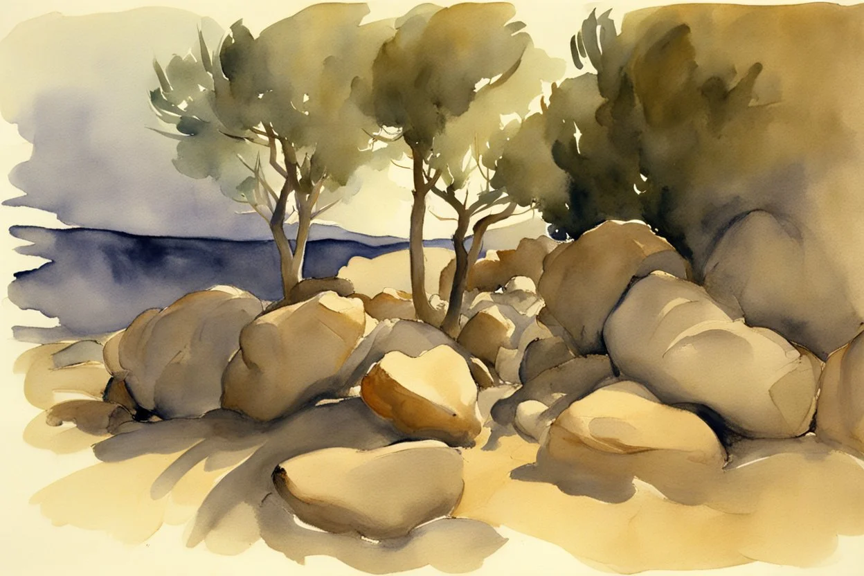 night, rocks, trees, mountains, john singer sargent watercolor paintings