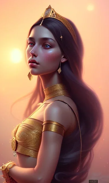 Arab princess , cute, beautiful, long hair, wavy hair, black eyes, head and shoulders portrait, cinematic, 8k, resolution concept art portrait by Greg Rutkowski, Artgerm, WLOP, Alphonse Mucha dynamic lighting hyperdetailed intricately detailed