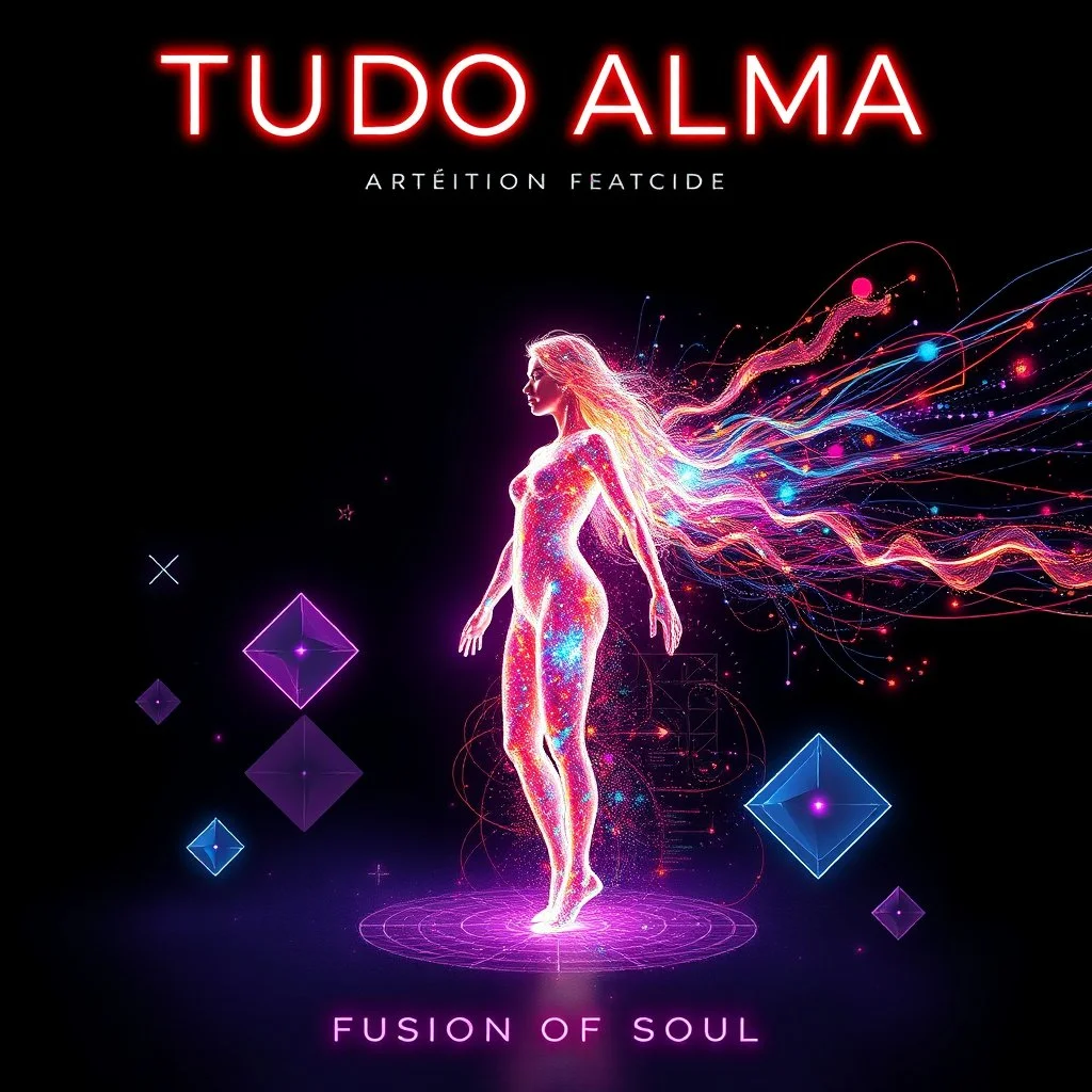 A electronic album cover with a vibrant and dynamic design. The title 'TUDO ALMA' is prominently displayed in sleek, neon-colored typography that glows against a dark, space-like background. The central image features a woman made of light, their body dissolving into a stream of colorful data and sound waves, symbolizing the fusion of soul. Surrounding the figure are abstract shapes and geometric patterns, all pulsating with energy, creating a sense of movement and rhythm. A masterpiece.