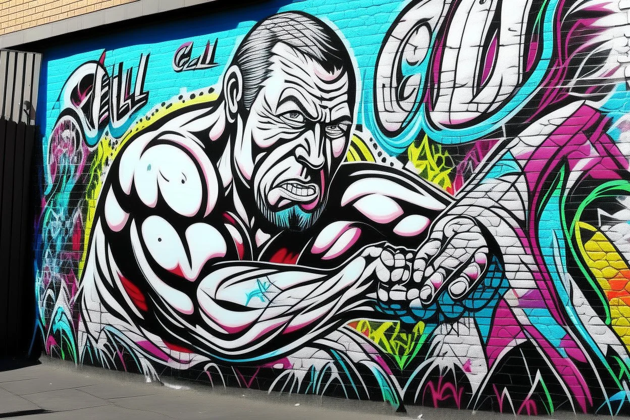 a wrestling graffiti mural wall with the word cell shading style