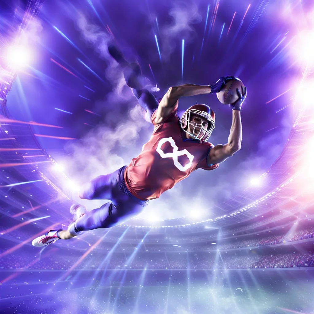 smooth infinity symbol ∞ on shirt, American football player diving with an American football in both hands to score, striking, vibrant, chiaroscuro, dramatic, captivating, powerful, fantasy, beautiful, octane render, 16k post-production, artstation: award-winning: atmospheric: commanding: fantastical: clarity: ultra quality: striking: brilliance: stunning colors: amazing depth; lens: f/11, 35mm