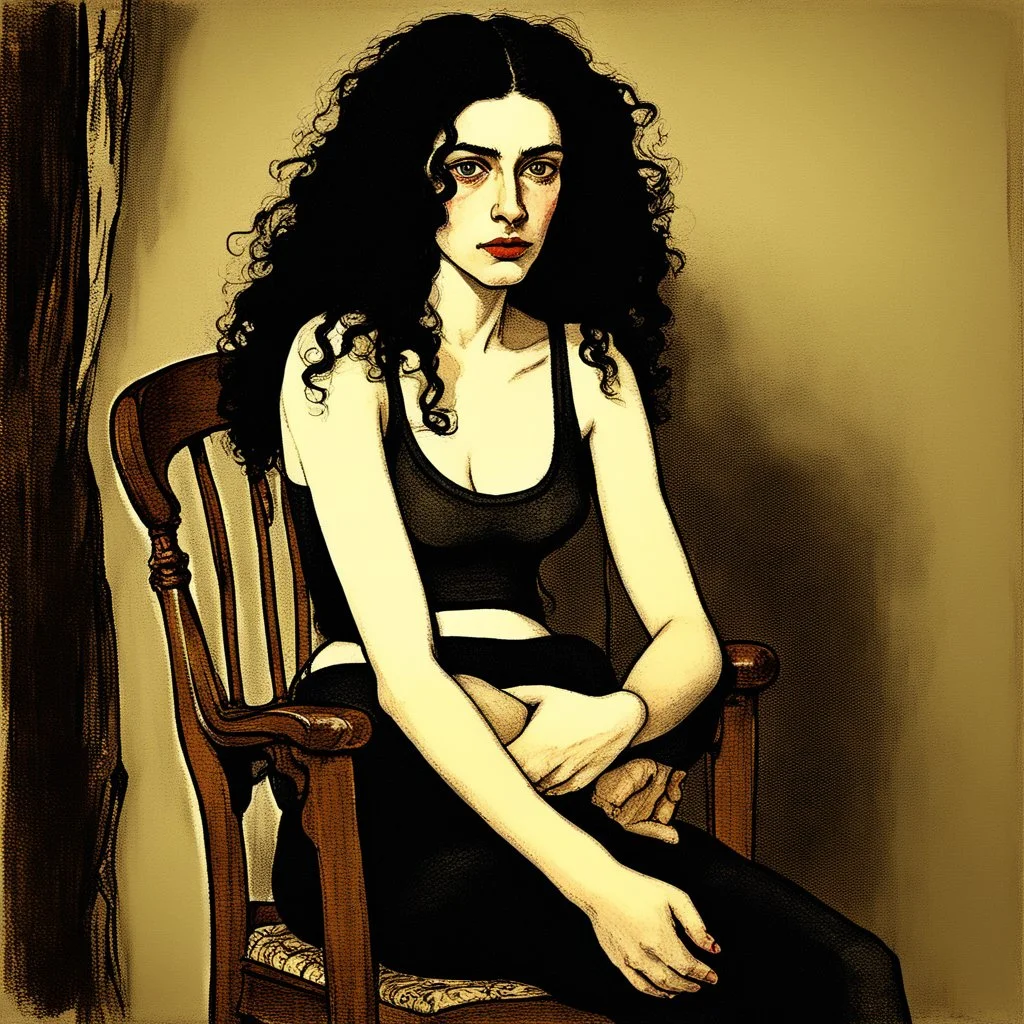 Breathtaking arab 30 years old woman with pale skin she is sitting on an old chair and has a tiny tanktop from the waist up, she has long black curly hair, petite figure, wide hips, prominent nose, thick lips, she has just been slapped around, by Egon Schiele, gustave dore, david mann, retro vintage style, hd photography, hyperrealism, graphite pencil drawing, realistic, natural, b&w illustration, fine art, beautiful watercolor painting, realistic, detailed, by olga shvartsur, svetlana novikova