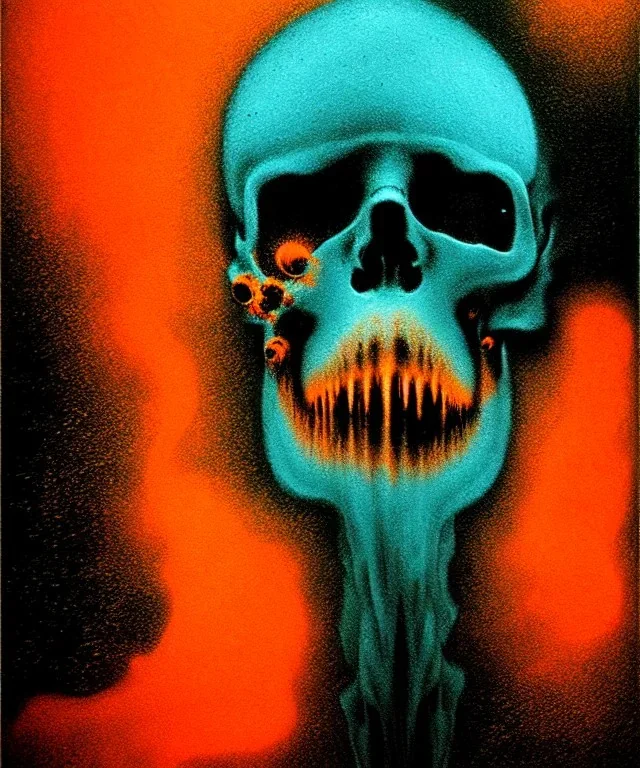 broken skull. black background. smoke and explode. particles in air. teal and orange. abstract. beksinski.