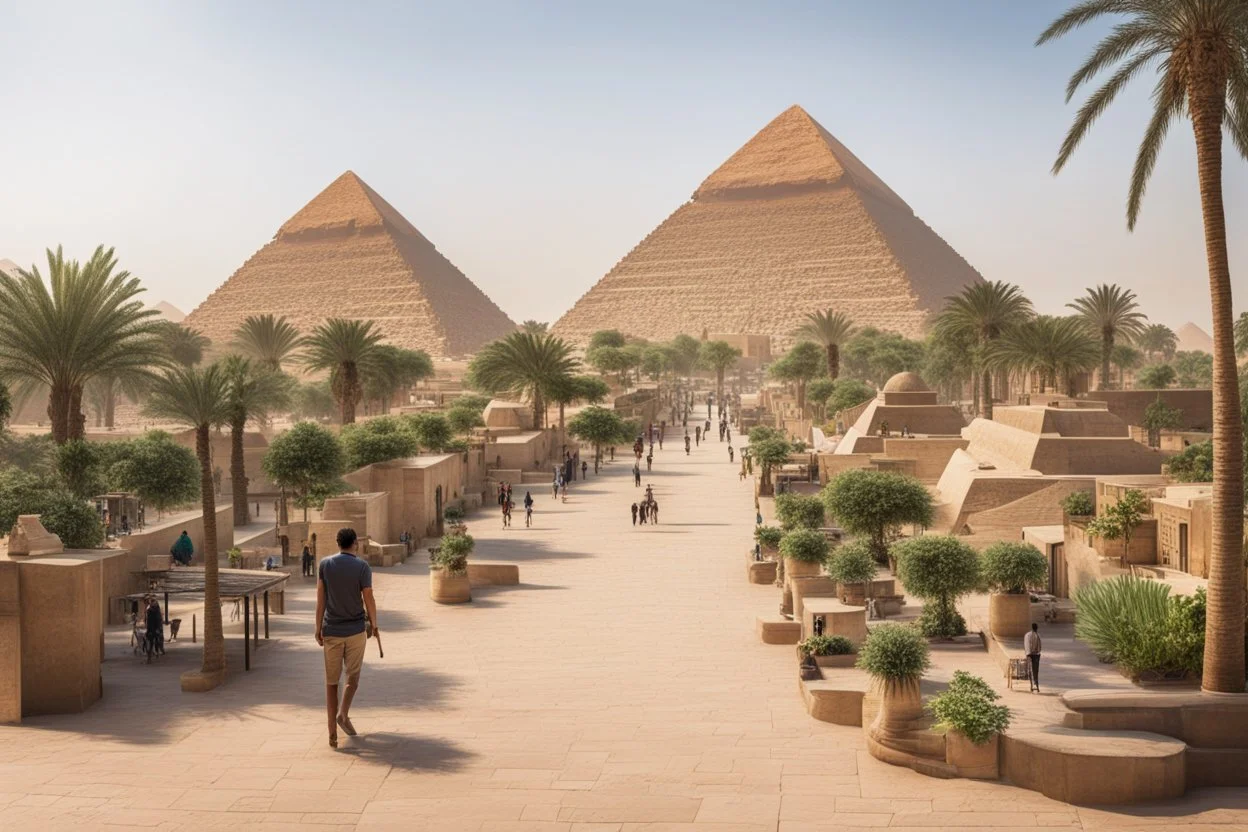 A tourist walkway in Egypt overlooking the pyramids and has green spaces, street seating , and shops on both sides