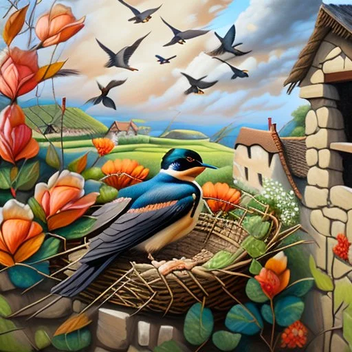 captivating cinematic painting masterfully blending traditional illustration, 3D rendering, and wildlife photography, depicts a picturesque old stone farmhouse with a thatched roof. The harmonious blend of artistic styles creates an atmosphere of serene tranquility, warmth, nostalgia, and timeless beauty. In the cozy home on the roof, three adorable baby swallows rest in their nest, watched over by a swift adult swallow soaring around them. Vibrant hollyhocks cascade along the walls, and hay in