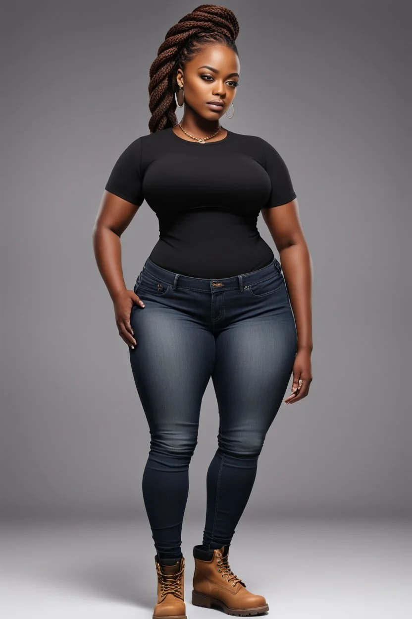 Create a digital image of a curvy black female wearing tight cut up jeans and a black tshirt with timberland boots. Prominent make up with hazel eyes. Highly detail two twist braids going down her head.