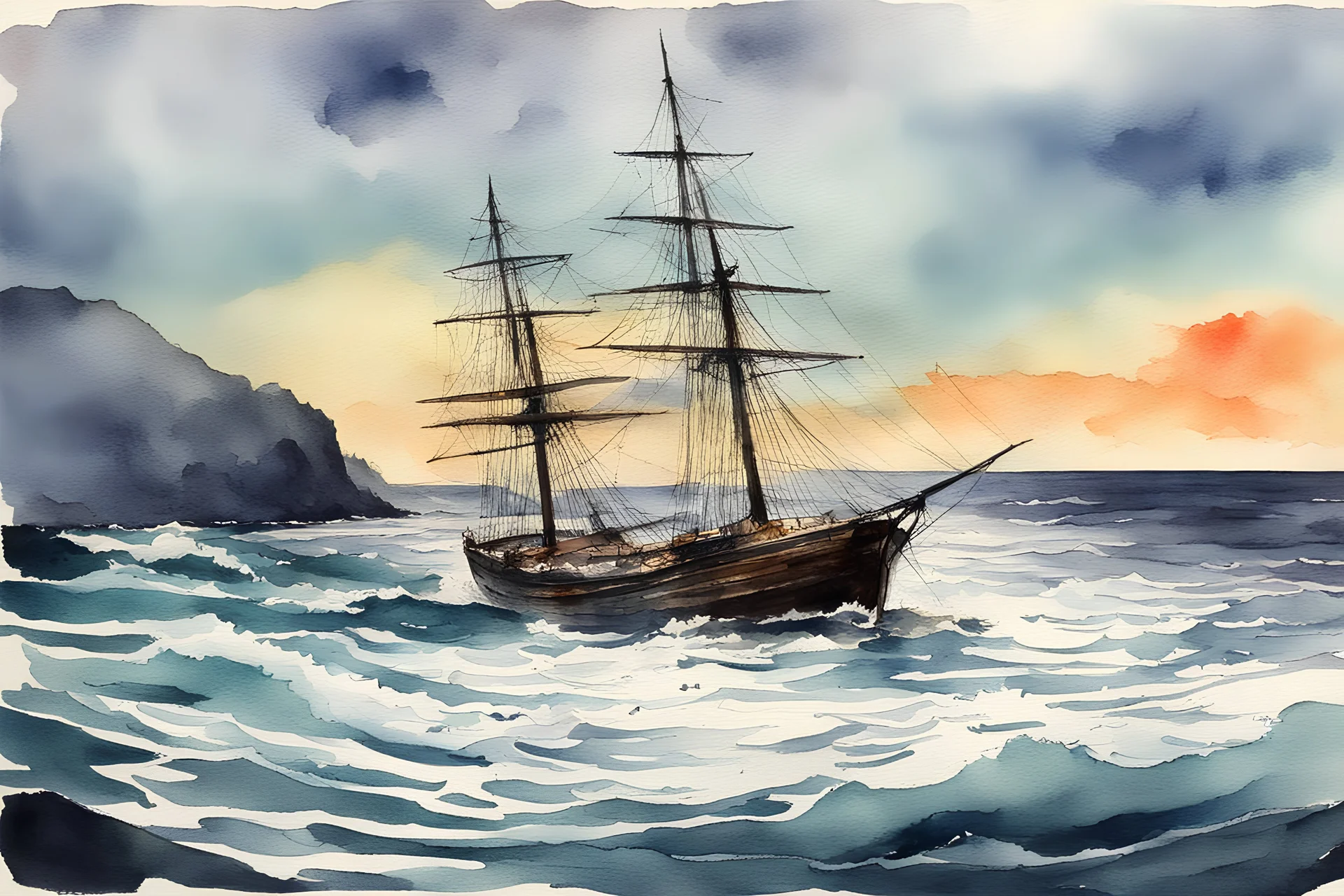 high seas ocean landscape vintage watercolor high contrast colorful