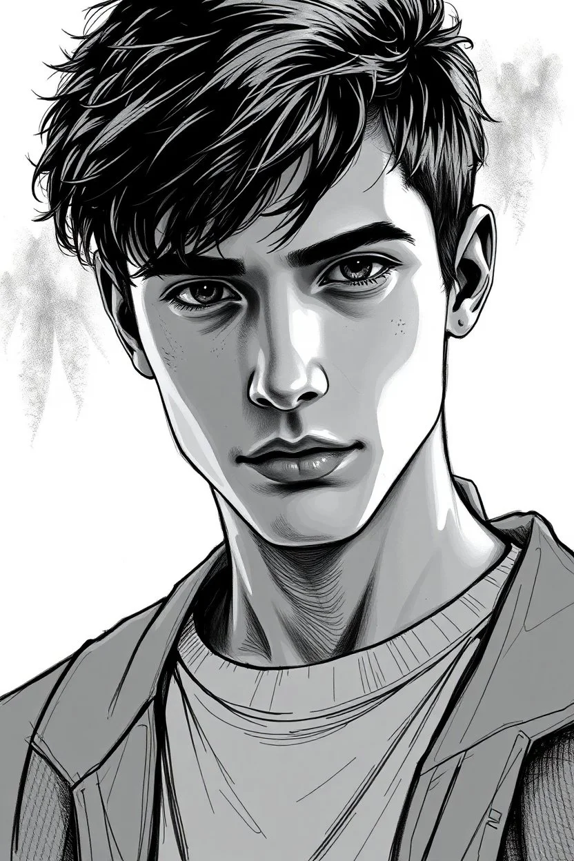 detailed manual graphic art style, youth man portrait, teenager, high detailed face, solitary vibe, modern clothes, short messy hair , atmospheric, detailed linework, highly detailed drawing, modern vibe, artwork, grayscale, no photorealism