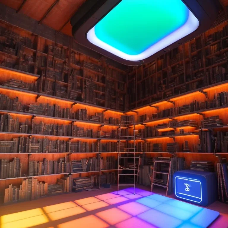 inside of a cybernetic gothic library museum futuristic, dystopic, thousands of books, labyrintic architecture, orange color scheme, high key lighting, volumetric light high details with white stripes and feathers unreal 5, octane render, cinema4d, dynamic lighting, dramatic lighting, 4k, redshift render, highly detailed, hyper realistic, sunset, Stephan Eicher