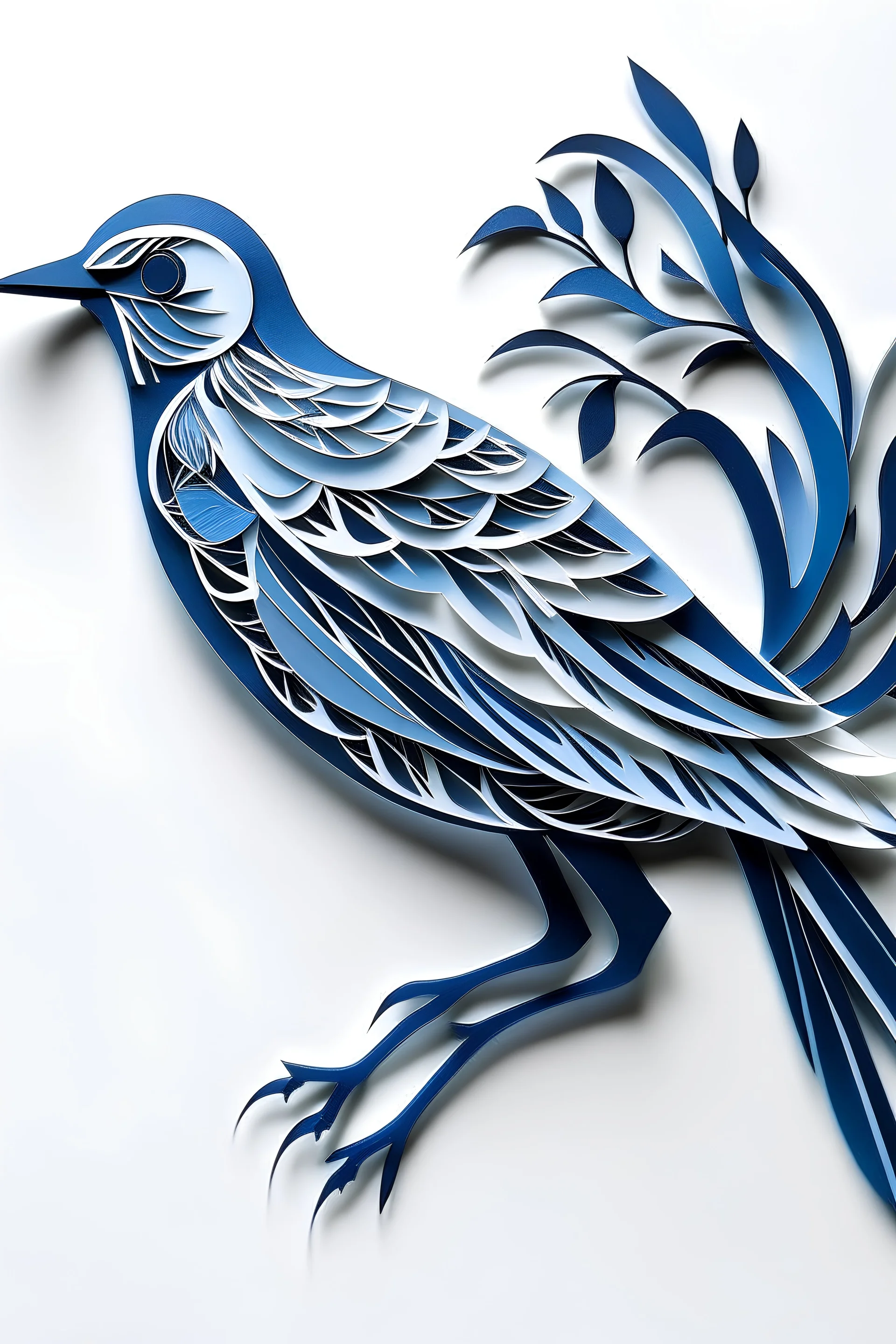 Bird, Paper Cut Art, Dark-Blue & Light Blue & Grey & White, Background white, No object should reach the edge of the image