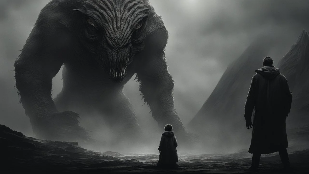 The described image presents an extremely horrifying scene with grayscale colors dominating the picture, creating a dark and eerie atmosphere. In this context, there is a massive, monstrous creature positioned prominently in the foreground of the image. This monster appears to be mythical and intensely frightening, characterized by its terrifying features and its colossal, imposing body that exudes immense power. When one looks at this monster, its face and eyes exhibit horrifying details, seem