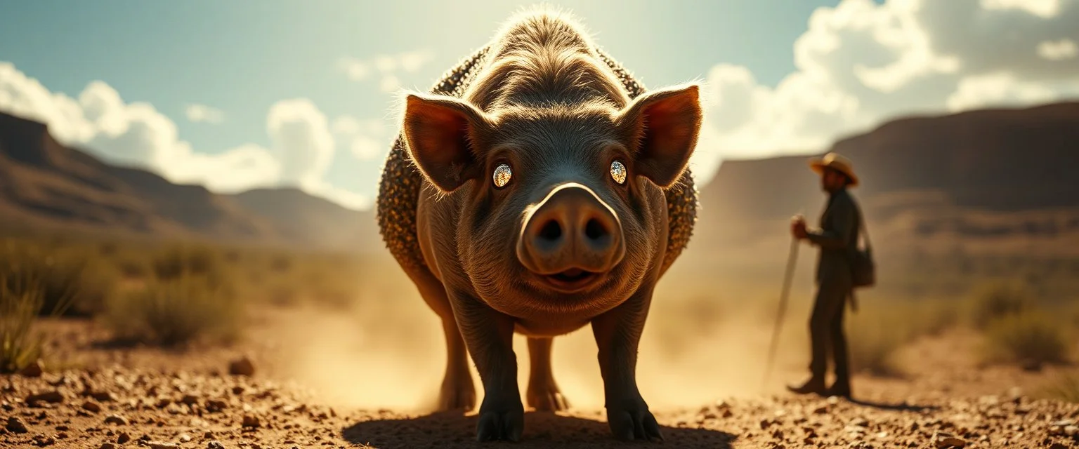 Climax / Camel Pig Reveal (2:30–3:30) Final still(s) show Camel Pig entering the scene fully Large, glittering humps, disco-ball eyes, dramatic lighting Explorer reacts (gesture / silhouette) Music peaks, maybe a slight slow-motion pan across the Camel Pig