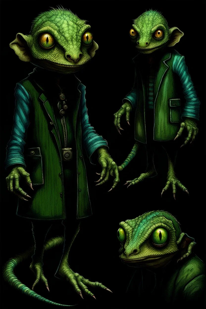 Artist Jean-Baptiste Monge style. A old biomorph male humanoid with Lizard face. Bright eyes. A green and blue striped outfit. Modifiers: Tim Burton Craig Rutkowski Modifiers:neon glowing Iridescent black ink