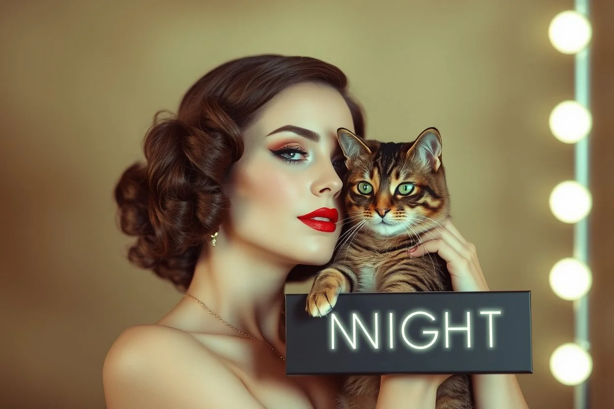 photo, portrait of a beautiful art deco woman with a cat, sign "GOOD NIGHT"