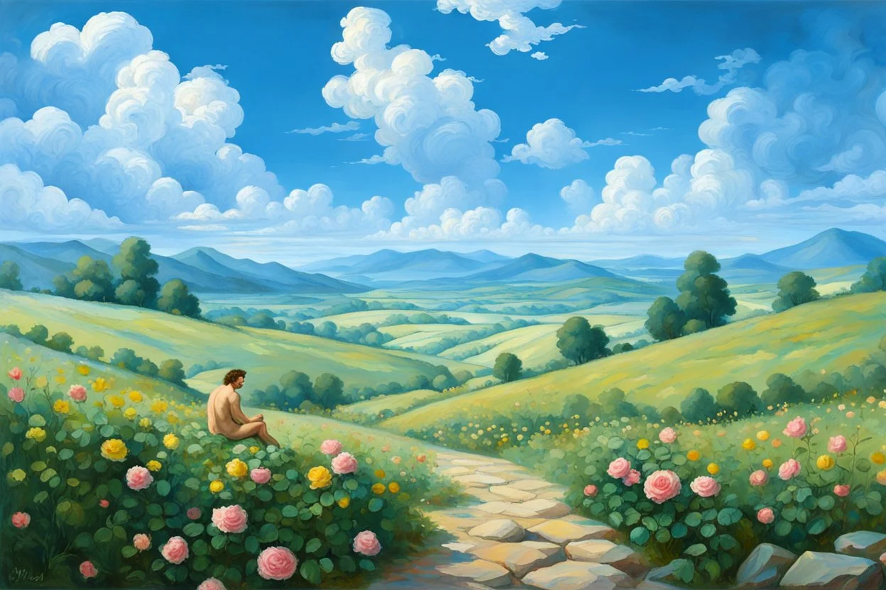 a handsome, fat man with a well-groomed, bearded face and long, curly hair. He is sitting naked on a rock, surrounded by a picturesque valley adorned with pink and yellow rose flowers. The spring sky above is adorned with breathtakingly beautiful clouds. like oil paintings 19th century