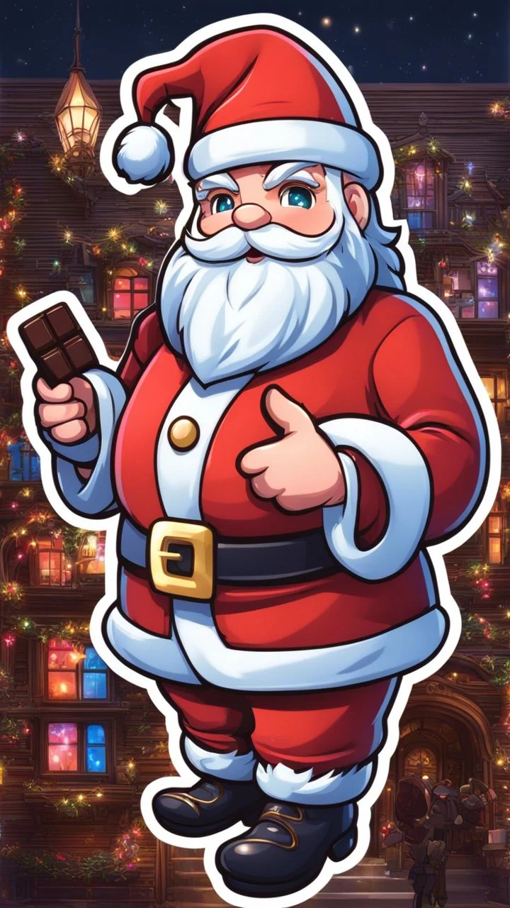 Chibi santa-claus huge big Chocolate in 8k sticker, style of fairy academia, neon lights, intricate details, highly detailed, high details, detailed portrait, masterpiece,ultra detailed, ultra quality