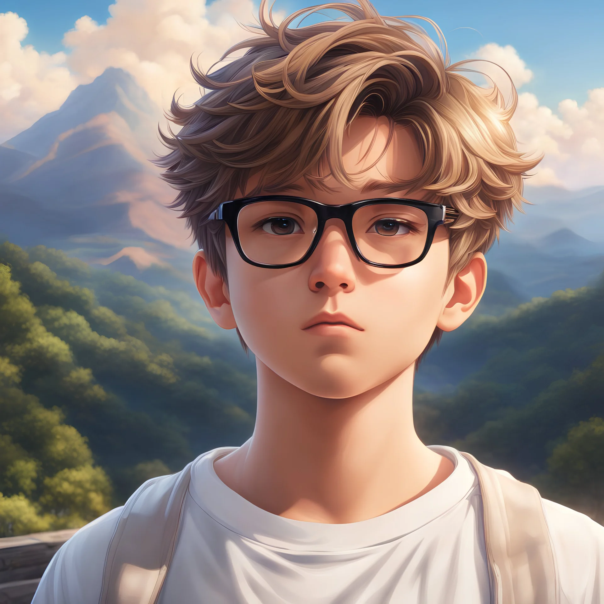 1 boy looking into the distance, portrait, black glasses, light brown hair, short hair, white t-shirt, retro anime, high detail, beautiful scenery, masterpiece, hyper detailed, stunning art, best quality, highly detailed, intricate detailed, sharp focus, aesthetic, highly detailed body, highly detailed background, highly detailed hair, UHD, 64k