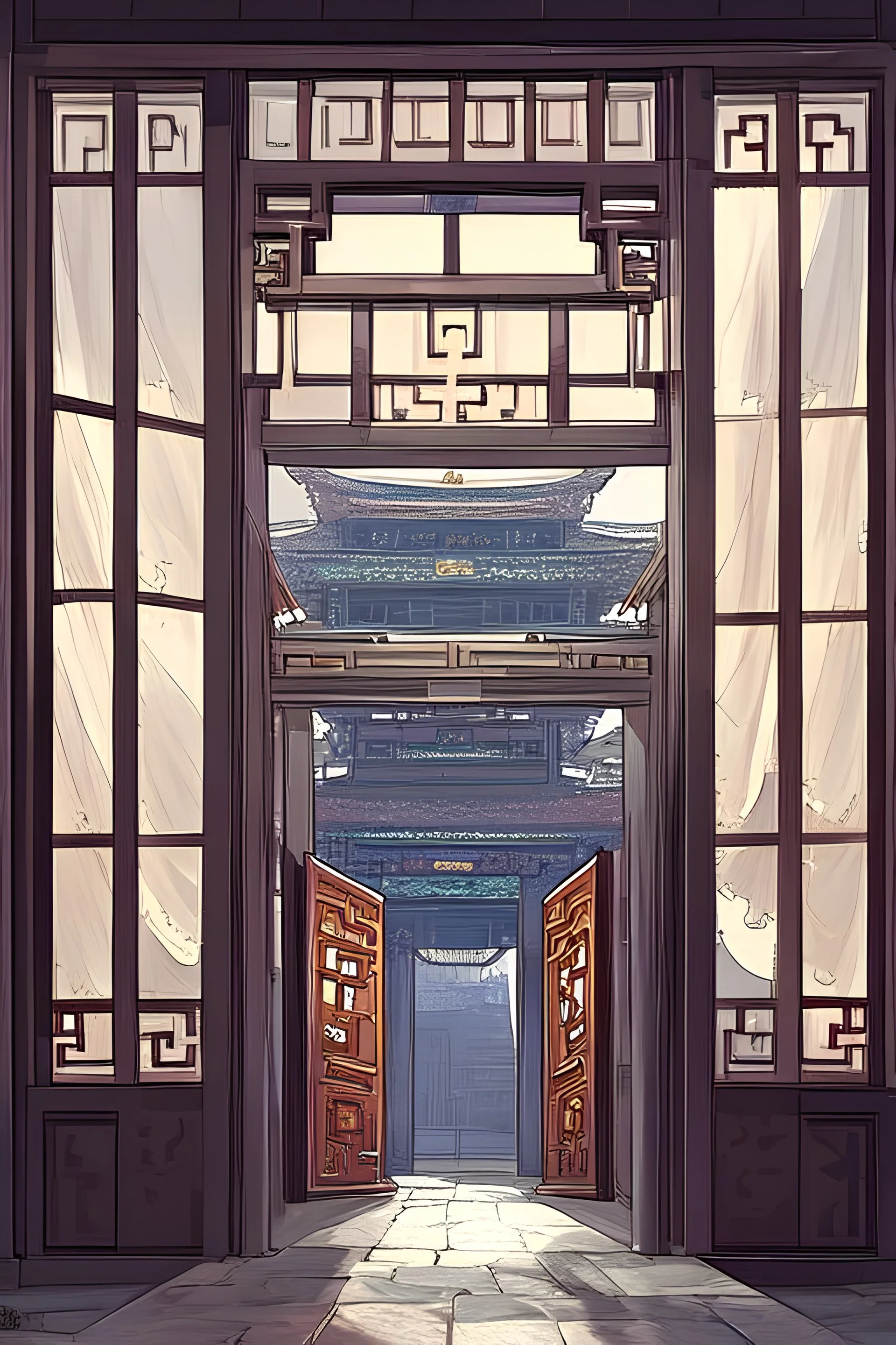 yelan looking out window from inside ancient chinese style building, outside raining