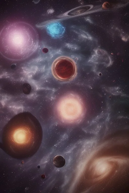 56. space, galaxy, cluster of large planets in one place, in the center of the planet "time", nebulae at the edges of the galaxy, hyperrealism, microdetalization, surreal, detailed, 3d, 8k, colorful, professional photo, HDR, hyper detail, realistic, high resolution, quality, accuracy, clarity, sharpness