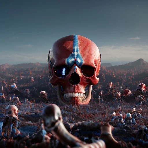 a picture of a dark, comedic, anatomically correct wall of red white and blue tightly packed stacked cyborg skulls of varying sizes and expressions, photo realistic, insanely meticulous, highly detailed, part of a collection of bones on display, 64k, dystopian, vray