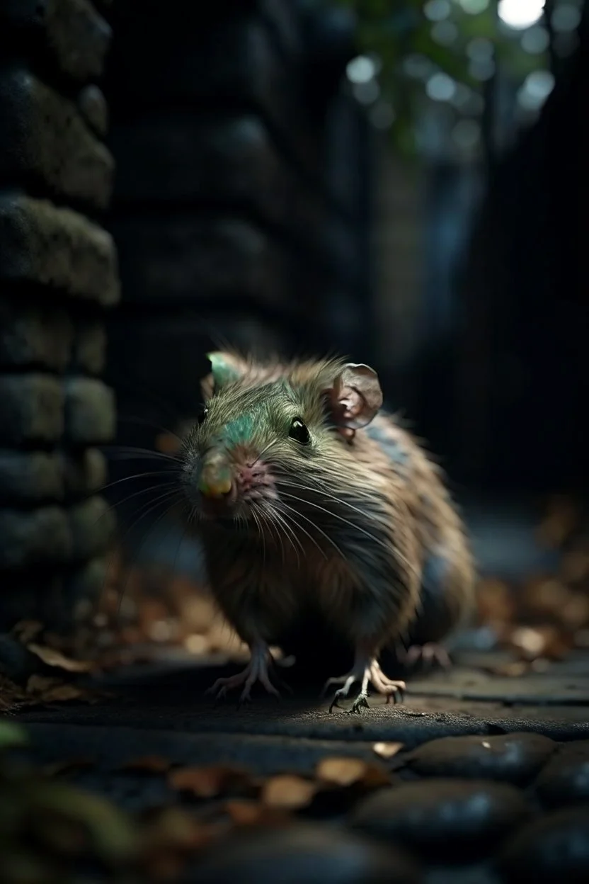 underground grove, with bricks and stones, portrait of a ghost rat with pale, ethereal features with long hair that seems to shimmer. She dresses in flowing, dark-colored clothing that accentuates her mysterious aura. photo-realistic, shot on Hasselblad h6d-400c, zeiss prime lens, bokeh like f/0.8, tilt-shift lens 8k, high detail, smooth render, down-light, unreal engine 5, cinema 4d, HDR, dust effect, vivid colors, smoke