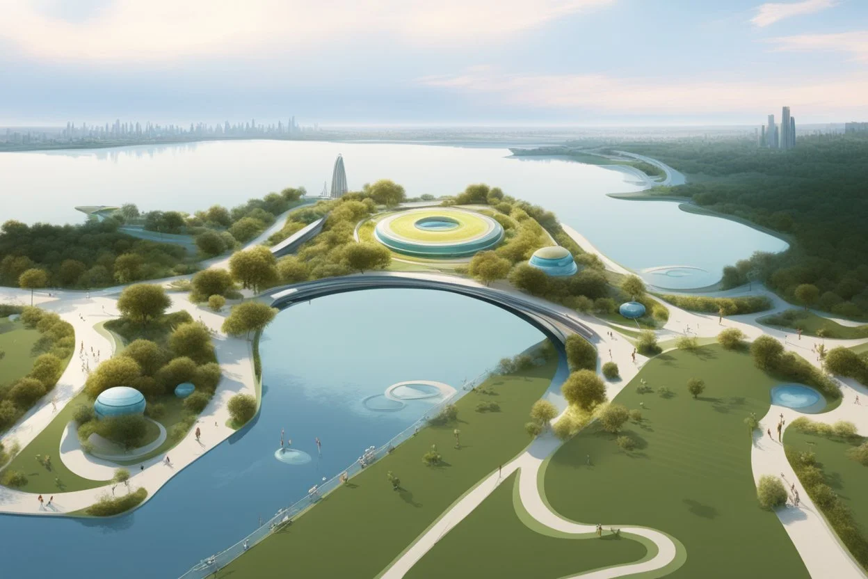 theme park of the city of the future 2050, fairy tale, radiance, abstraction, bird's eye view, walking park