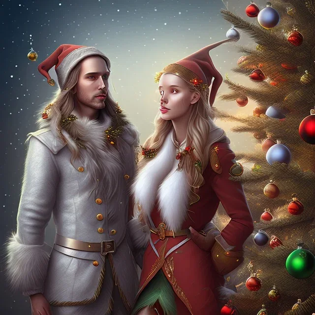 two elves. woman and man. Christmas scene. photorealistic. low-key