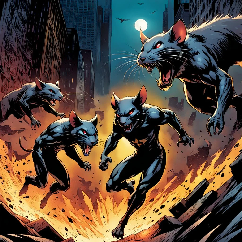 Cómic ot (Catman: 1.5) chases three humanoid rats that are running around in terror