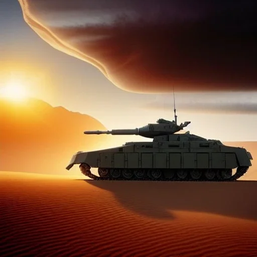 volumetric Wide desert view with futuristic hovering military armored tank painted by chris foss, floating, hover, 4k, 8k, [hovercraft] Minutiae, highly detailed, render, rivets, hovering, stripes, sunset duststorm, nimbus clouds