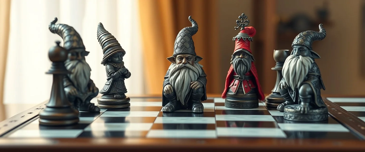 chess board but all the pieces look like fantasy gnome elves