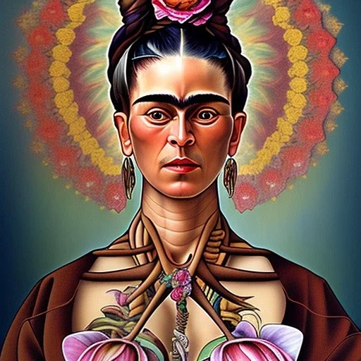 A beautiful portrait of Frida Kahlo by alphonse mucha, japanese tatoos, 4k, high details