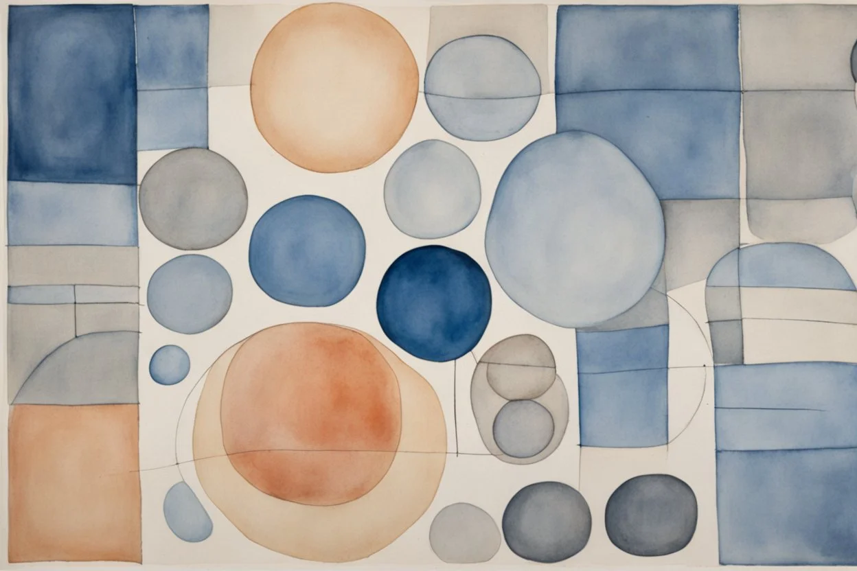 abstract watercolour , ink transfer lines, bifurcated circles, Paul Klee ,grey and blues