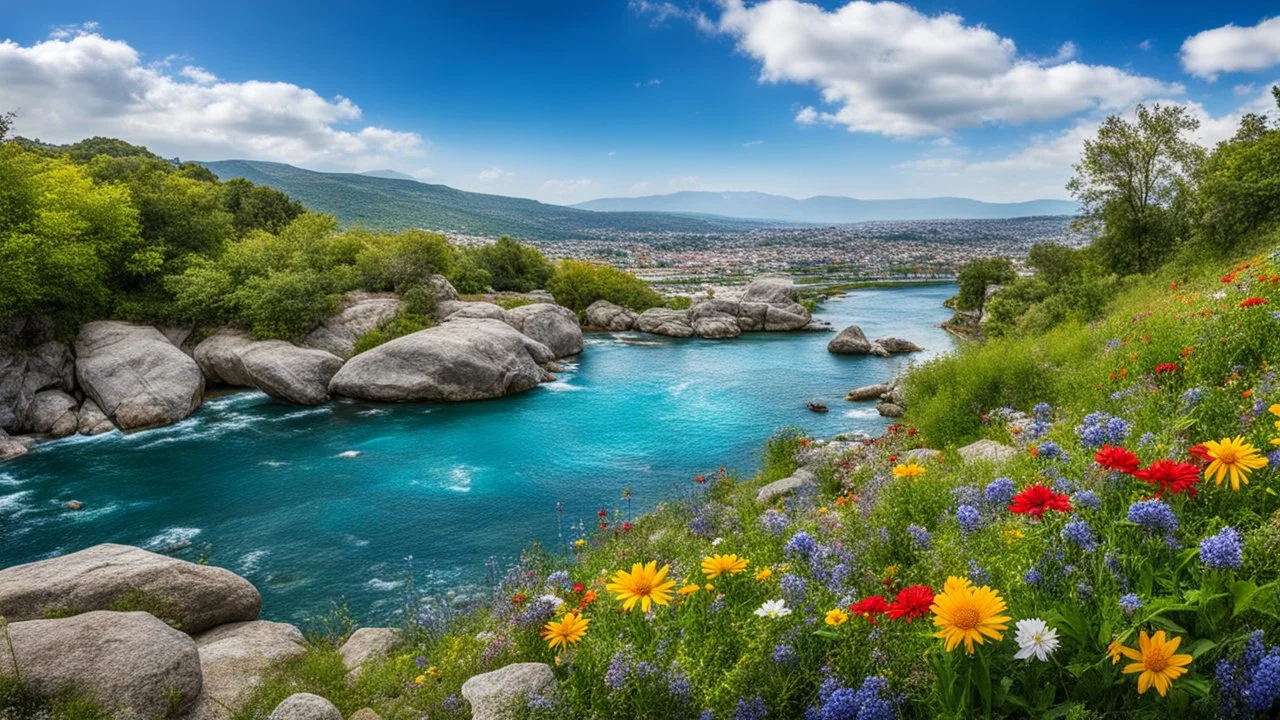 desktop wallpaper ,Turkey istanbul kus adasi,country side wavy rocky river ,wild flowers,blue sky nice clouds,