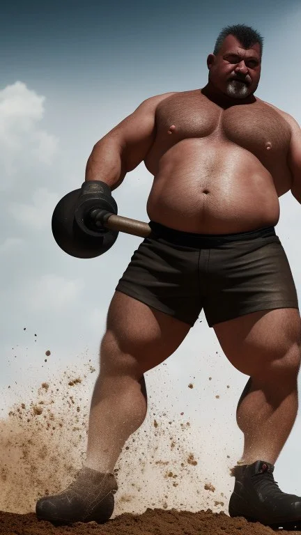 close up photography of a 50-year-old Italian man , burly chubby sweat, maneuvers a large excavator in the sun, shirtless and white boxer, big legs, big belly, goatee, ambient occlusion, frontal view, 4k,