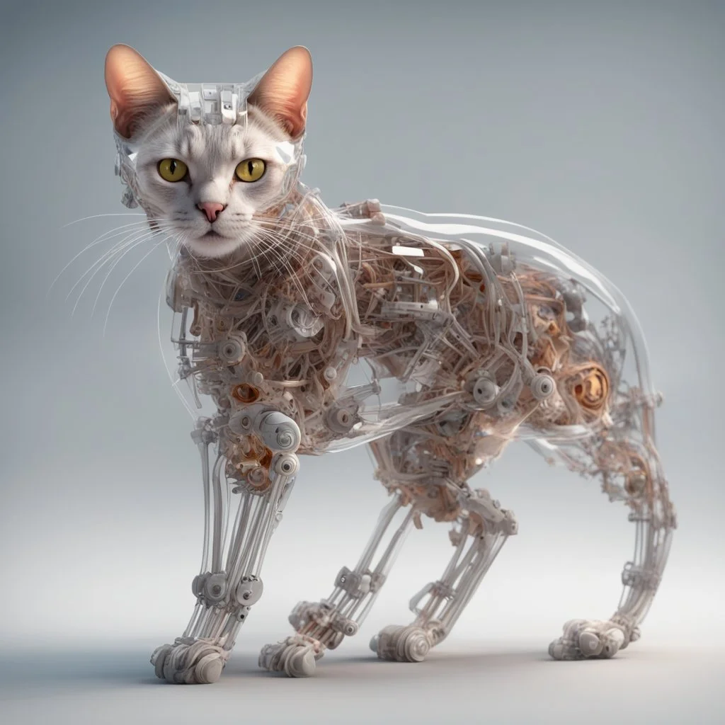 Mechanical anatomy of a cat being, transparent skin revealing all the mechanisms 8k