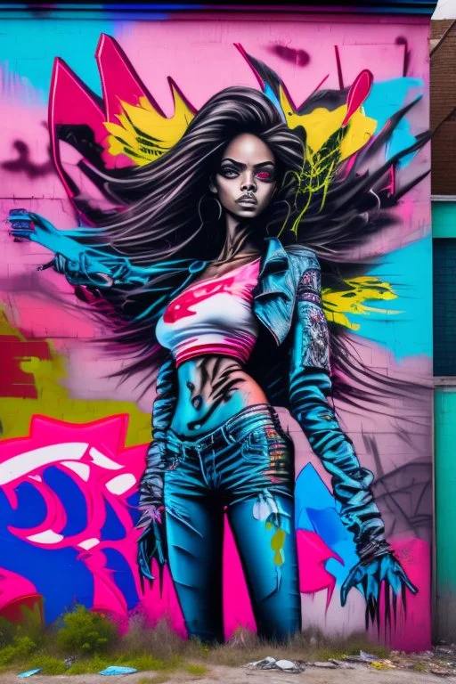 graffiti art on the back side of an abandoned building portraying a female super model posing confidently, 8k, highly detailed, centered, epic composition, graffiti art, splash art, street art, spray paint, oil gouache melting, acrylic, high contrast, colorful polychromatic, ultra detailed, ultra quality, CGSociety