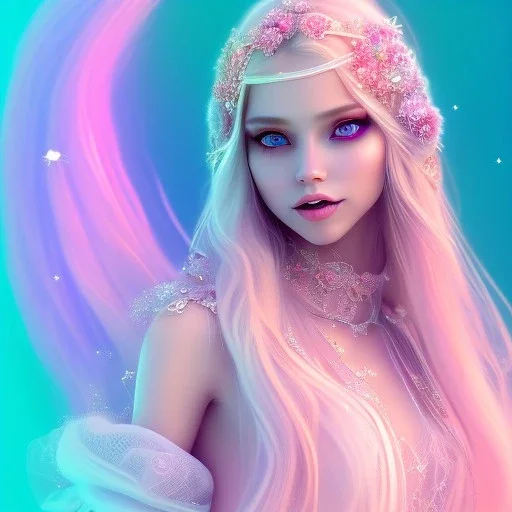 beautiful, soft, big smile face, whole head, long straight blonde hair blues eyes, crown on the head, clothing in transparent bluish and pink veil, background brillante bluish and pink, hight definition, 8K