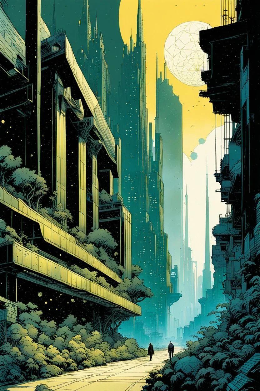 create an ethereal, otherworldly alien city set in a landscape populated with plants and lifeforms utilizing sacred geometry, Fibonacci sequence, golden ratio, in the comic book art style of Mike Mignola, Bill Sienkiewicz, and Jean Giraud Moebius, with highly detailed and finely inked , dramatic natural lighting