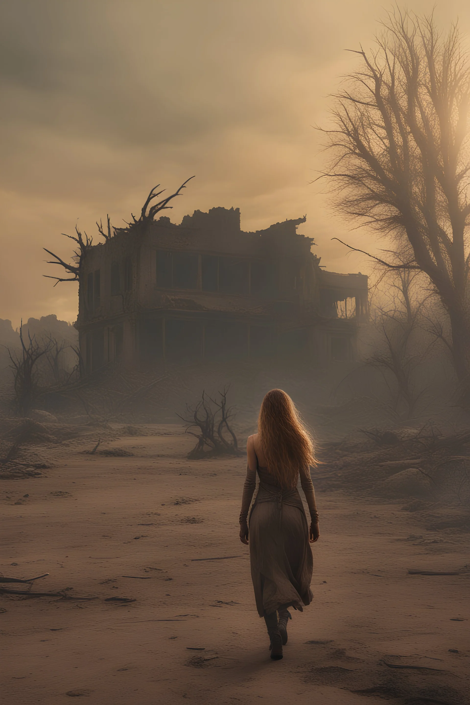 A post-apocalyptic scene with a woman with long hair walking away from the barren wasteland with burnt trees, crumbled home