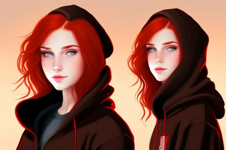 A beautiful young woman with brown eyes and shoulder length red hair wearing a black hoodie.